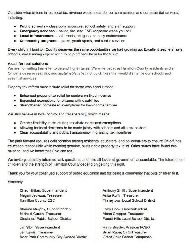 Joint statement from Supt and Treasurers in Hamilton County regarding Tax Reforms