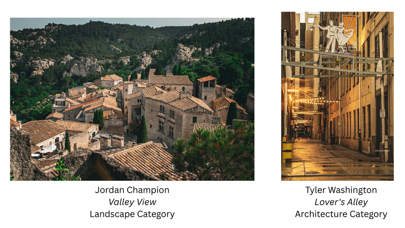 Student photos accepted into the UC Blue Ash Photo Competition images with text: Jordan Champion- Valley View- Landscape Category and Tyler Washington- Lover's Alley- Architecture Category