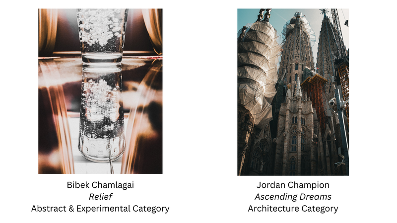 Student photos accepted into the UC Blue Ash Photo Competition with text:Bibek Chamlagai- Relief- Abstract & Experimental Category and Jordan Champion- Ascending Dreams- Architecture Category
