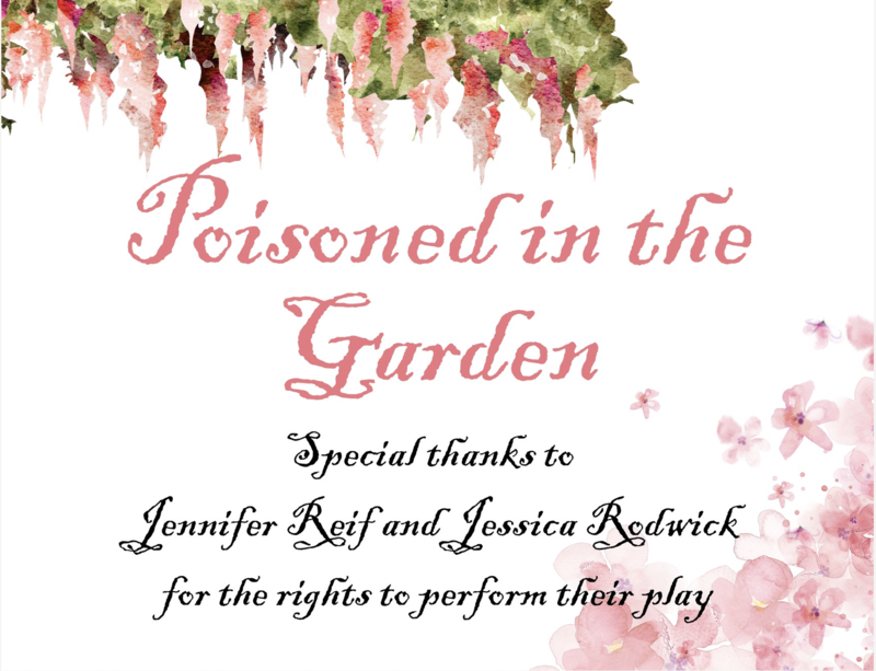Watercolor-style program cover with hanging greenery at the top and pink floral accents in the bottom right corner. The title “Poisoned in the Garden” appears in large pink script in the center.