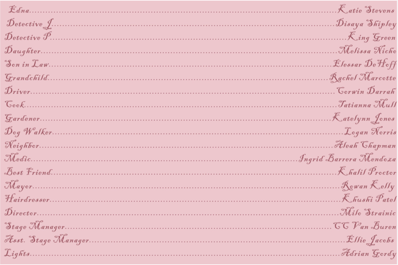 Pink background cast list page with decorative dotted lines connecting character roles on the left to student names on the right.