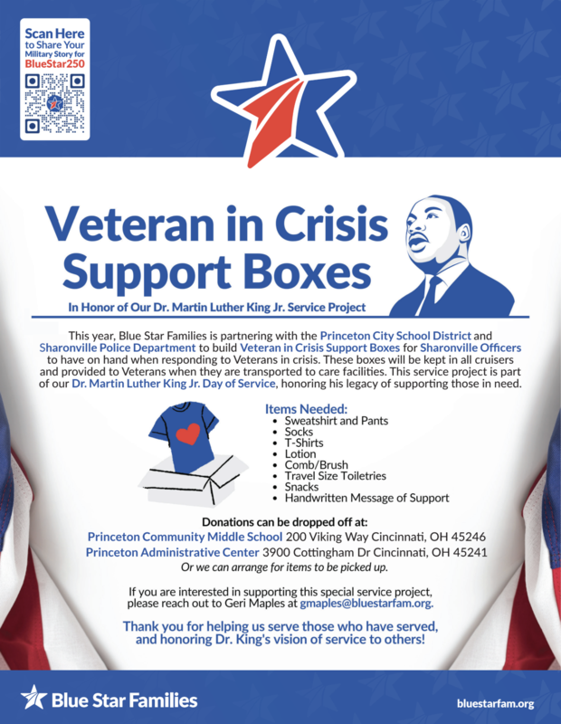 Blue Star Families flyer requesting donations for “Veteran in Crisis Support Boxes” for Sharonville Police cruisers; includes needed items list, Cincinnati drop-off locations, QR code for BlueStar250, and contact email.