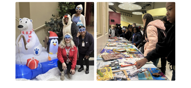 Teachers with the blow up polar bears and penguins; students selecting from lots of book choices at the Literacy Fair.