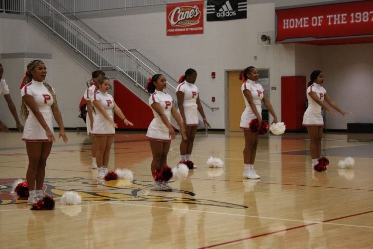 Princeton cheerleaders performing in the Viking Arena.