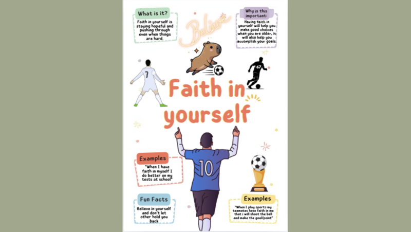 Faith in Yourself; player with a #10 blue jersey and other soccer clip art with quotes from students about having faith in yourself