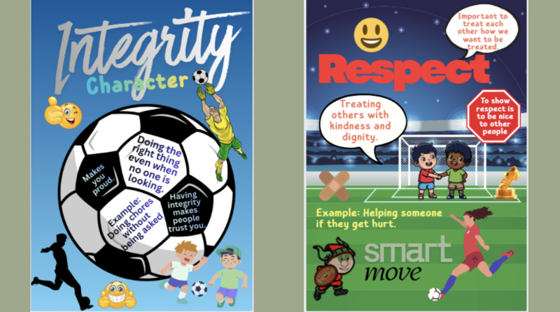 Soccer images with words integrity, character, respect, and smart move