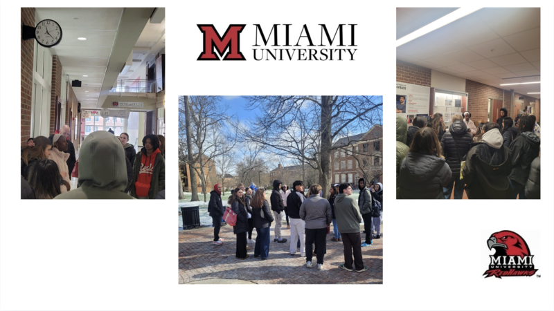 Miami Univ (OH) logo and three photos of students touring the campus. 