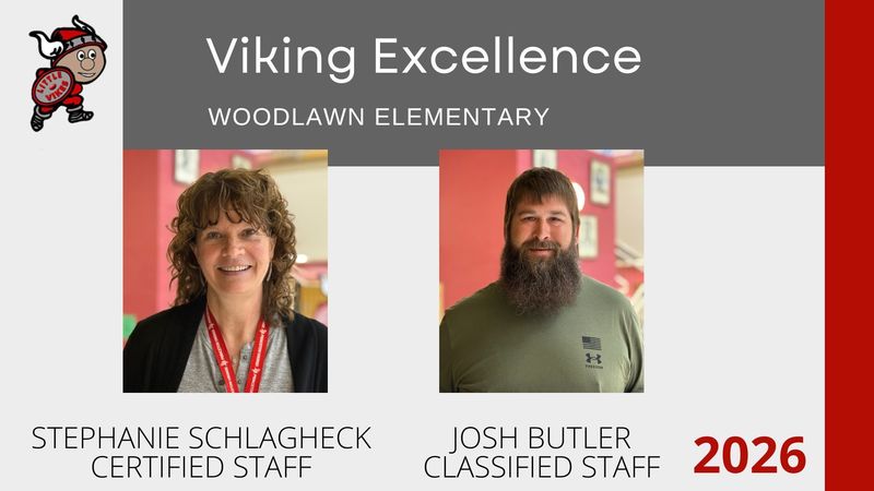Viking Excellent winners Stephanie Schlagheck and Josh Butler with Supt. Elgin Card on the stage at Woodlawn Elementary. They are holding their Viking Excellent certificates and pins. 