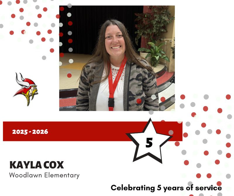 Kayla Cox in a graphic, with red and gray dots, celebrating 5 years of service
