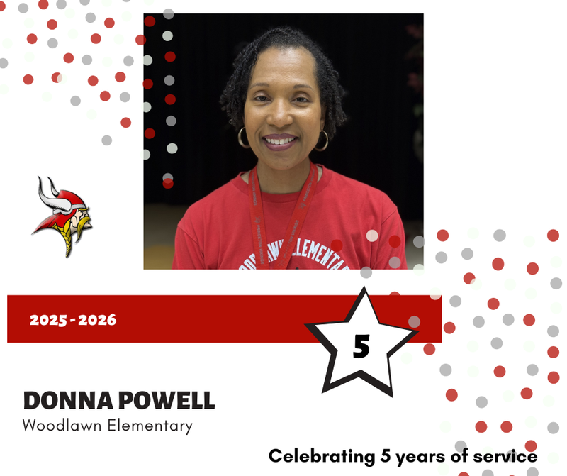 Donna Powell in a graphic, with red and gray dots, celebrating 5 years of service