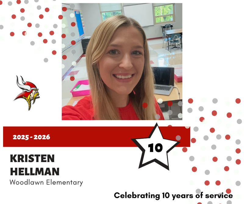 Kristen Hellman in a graphic, with red and gray dots, celebrating 10 years of service