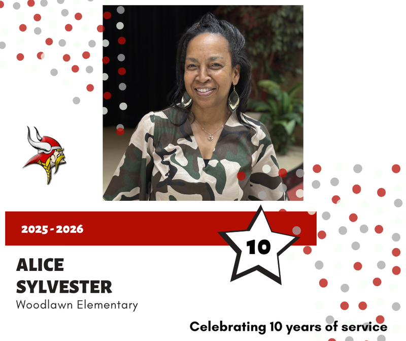 Alice Sylvester in a graphic, with red and gray dots, celebrating 10 years of service