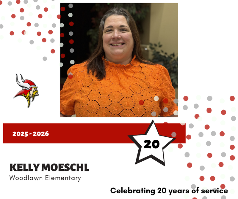 Kelly Moeschl in a graphic, with red and gray dots, celebrating 20 years of service