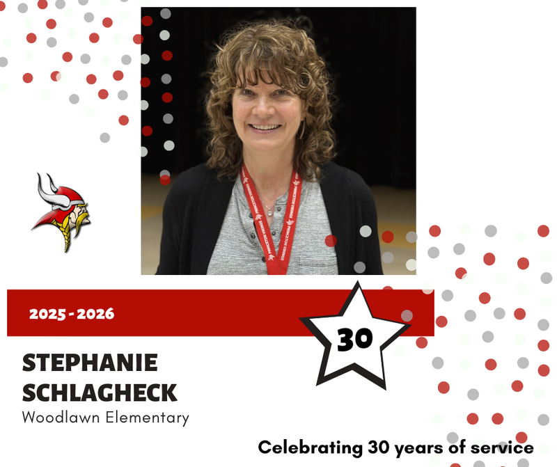 Stephanie Schlagheck in a graphic, with red and gray dots, celebrating 30 years of service