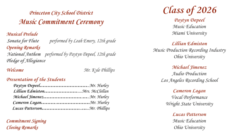 Music Commitment Ceremony Program and list of students, intentions, and schools they plan to attend.
