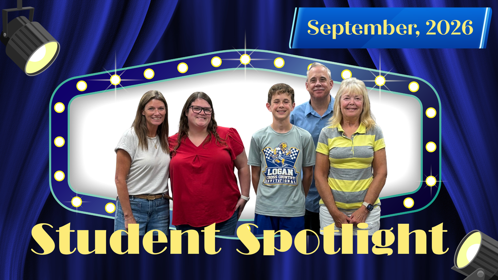 Photo of PES school board members with September Student Spotlight Eli Cochran
