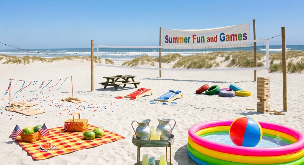 image of beach with a collection of summer activities including volleyball, a picnic lunch, bags, intertubes, and a beachball