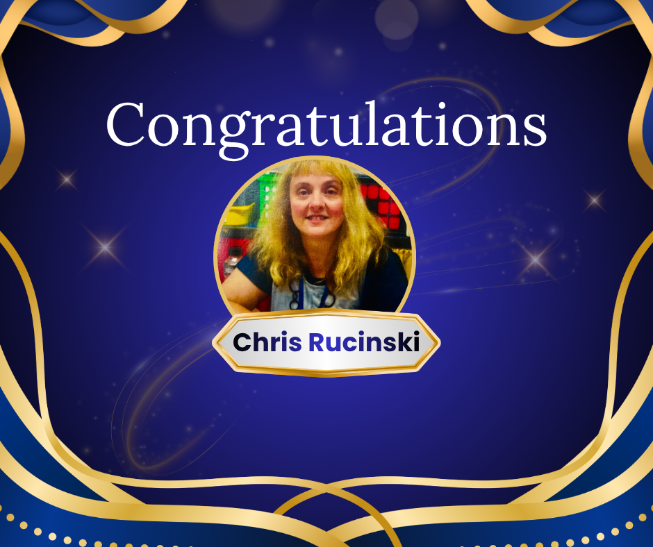 Graphic reading "Congratulations Chris Rucinski" with a picture of Chris on a Blue and Gold background