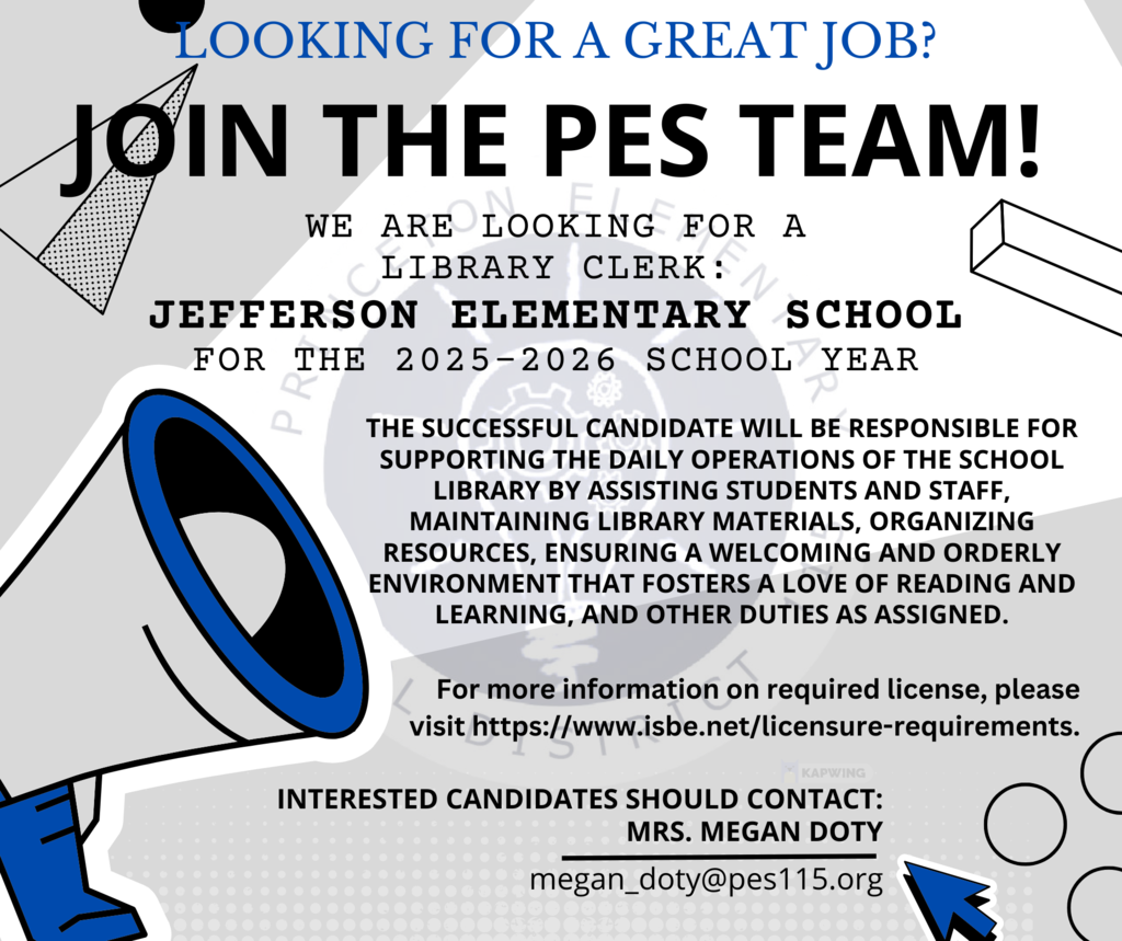 Announcement for open Library Clerk position at Jefferson Elementary School. Interested candidates should contact Mrs. Megan Doty