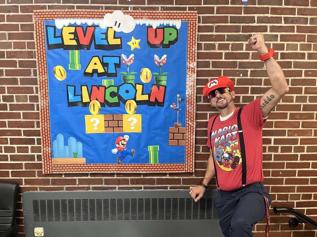Lincoln principal Joey Horn dressed up as Mario from Nintendo