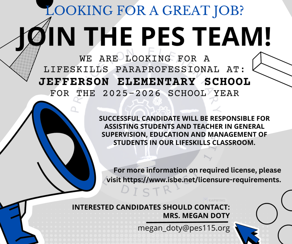 Announcement for open paraprofessional position at Jefferson Elementary for the 25-26 school year.