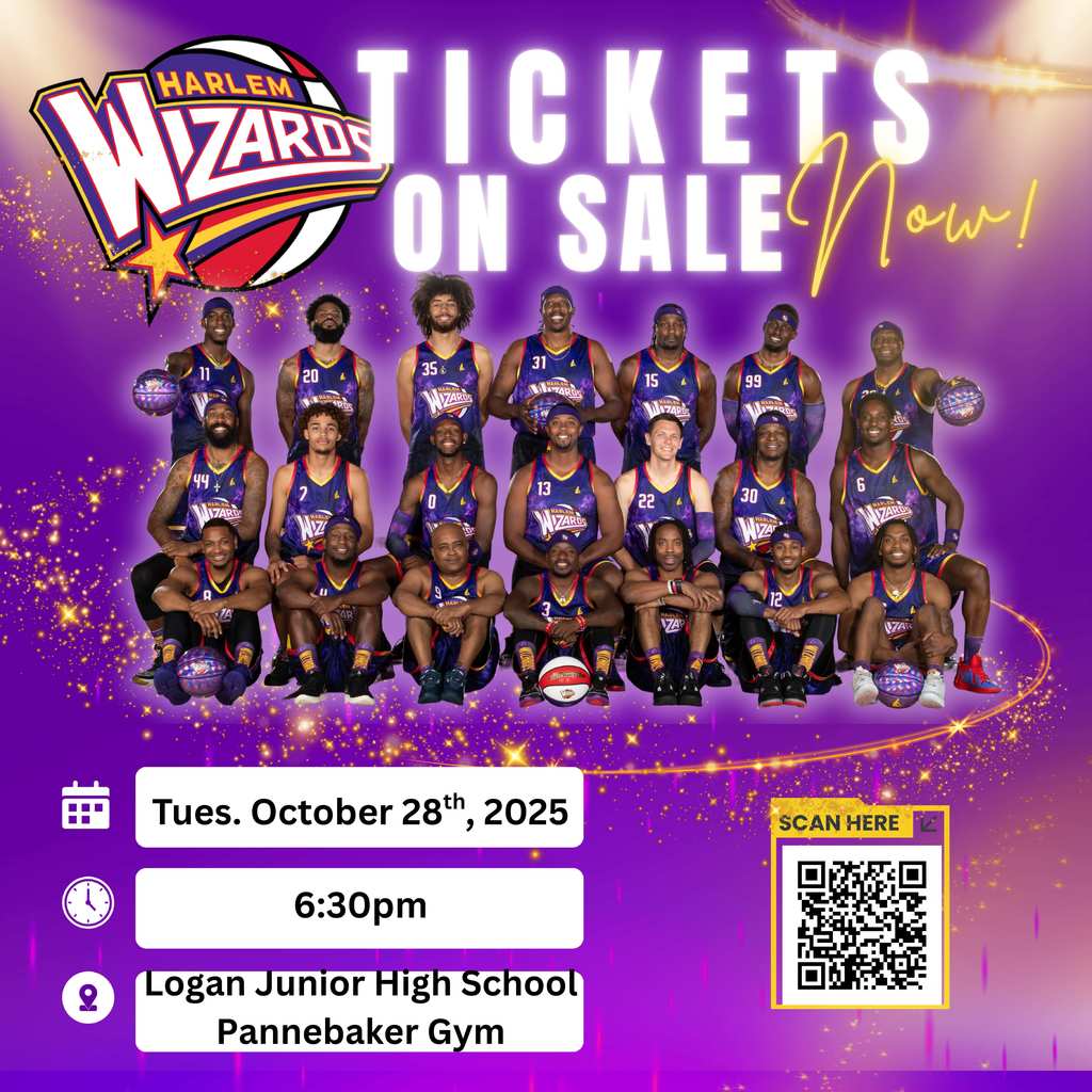 Infographic announcing PTO event featuring the Harlem Wizards basketball team