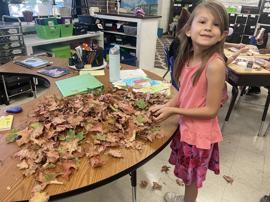 Student in Mrs. Ellberg's class displaying collected leaves