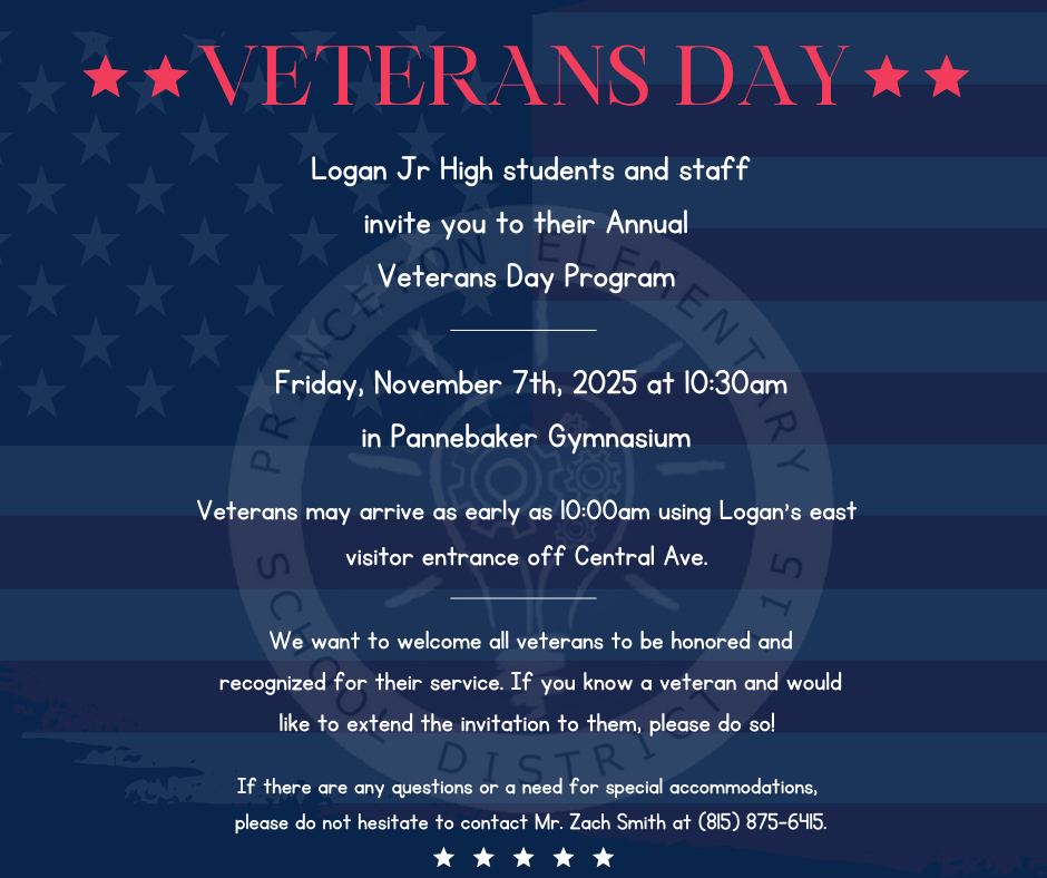 Infographic announcing Logan's annual Veteran's day program on Friday November 7th at 10:30 am
