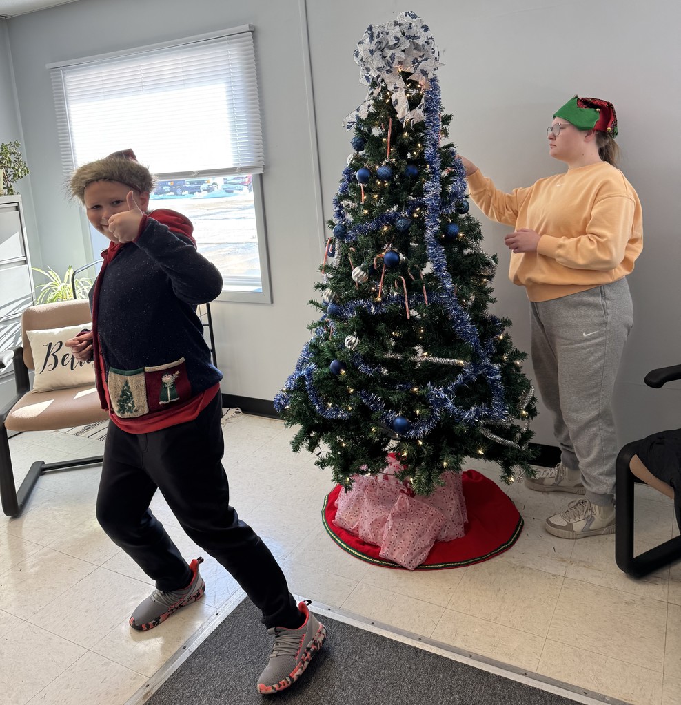 Mrs. Kull's Lifeskills class decorating the Christmas tree at the District Office
