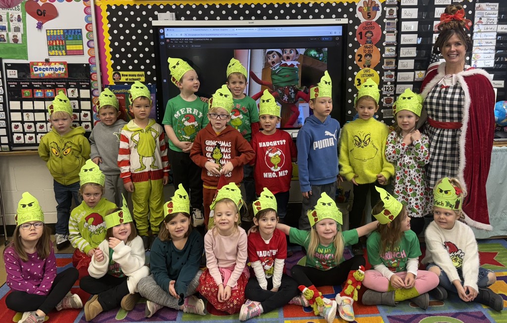 Mrs. Harper's kindergaten class celebrating Grinch Day