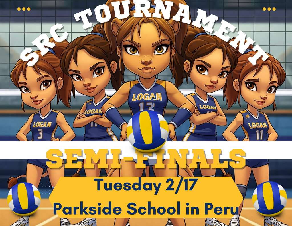 Cartoon photo of Lady Lions Volleyball Team announcing Semi Final games today at Parkside school in Peru