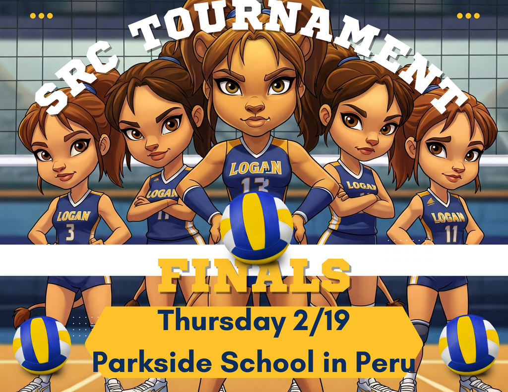 Cartoon photo of Lady Lions Volleyball Team announcing  Finals on Thursday at Parkside Middle School in Peru