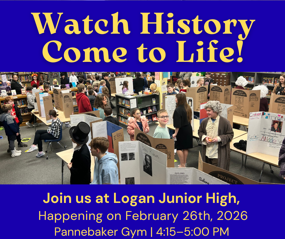 Infographic with picture of students at Logan Junior High's Wax Museum