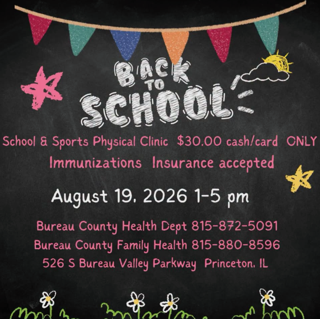 Infographic announcing Back to School and Sports Physicals from Health Department