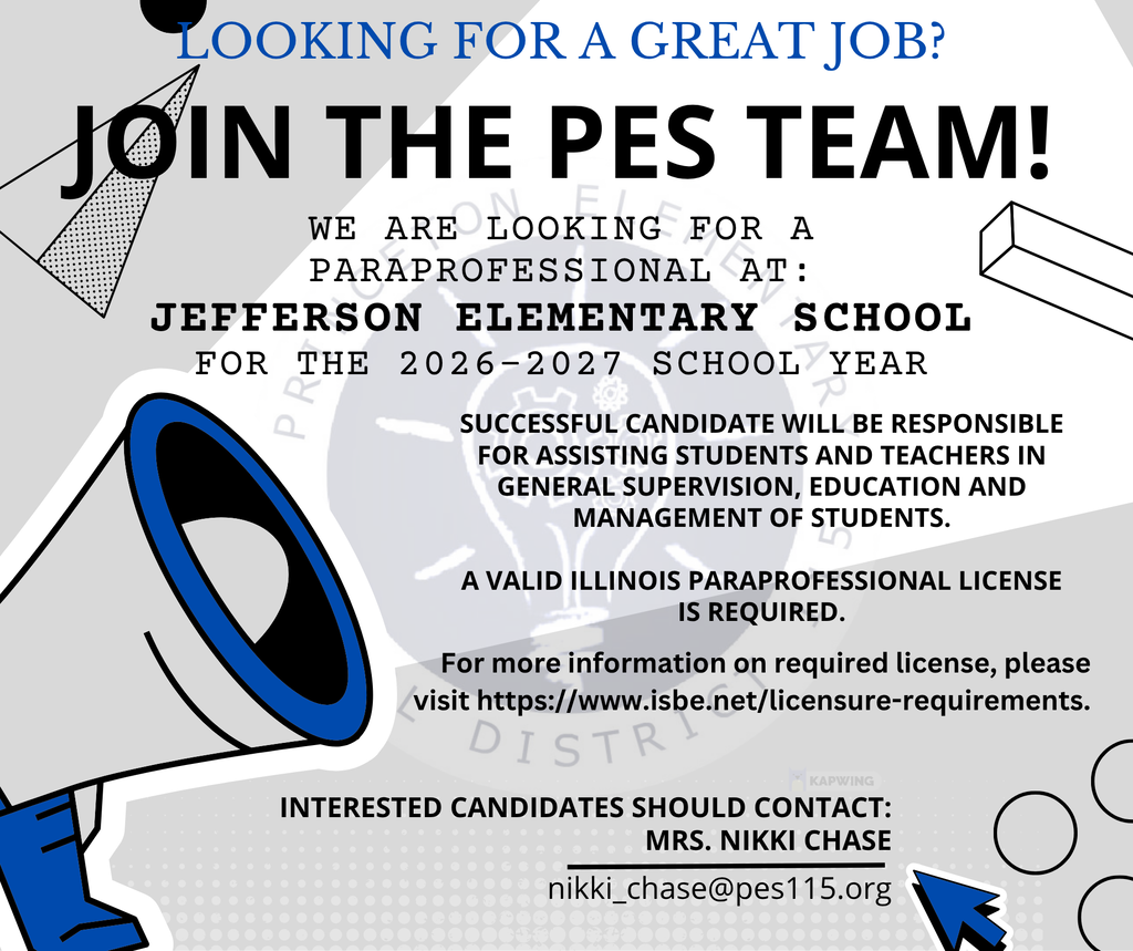 Job posting for parapro opening at Jefferson Elementary for the 2026-2027 School Year