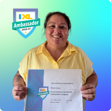 Third Grade Teacher Sherri Jones holding up her IXL ambassador Certificate