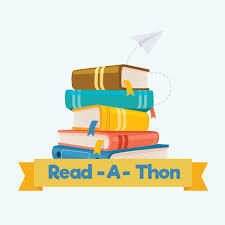 Read-A-Thon Title with books stacked on it