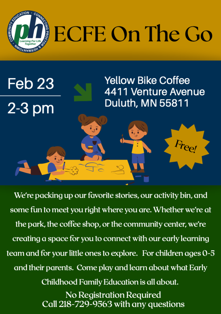 Guess what, families? ECFE on the Go is rolling into your neighborhood!  Kaitlyn- can you schedule this one a few times.  And also a day before to remind families about it?!?!  THANK YOU!!!    We’re packing up our favorite stories, the "big fun" activity bin, and a few treats to meet you right where you are. Whether we’re at the park, the coffee shop, or the community center, we’re creating a space for you to relax and for your little ones to explore. What’s in our "Go-Bin" ? For the Kids: A featured storytime, activites, and hands-on play. For the Grown-ups: Grab yourself a hot coffee (or local treats!), parent-to-parent chat, and a chance to check in with our Early Learning team. Our FIRST pop-up class for ECFE on the Go will be held at Yellow Bike! We hope to see you there! 