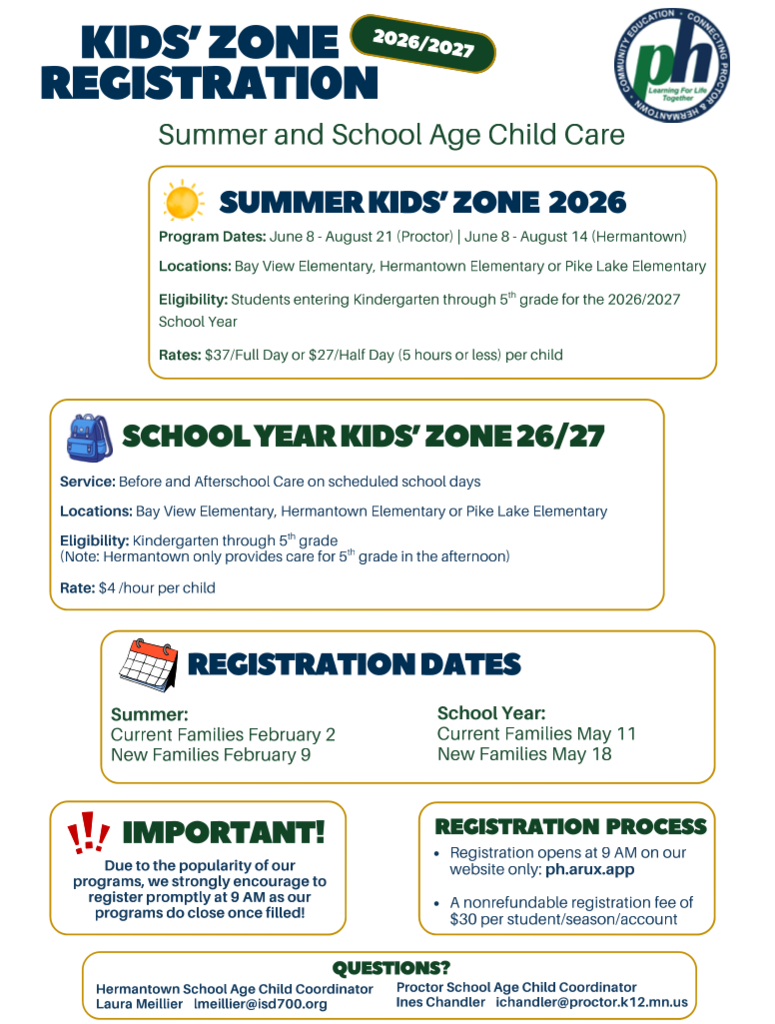 New Family Registration Opens TODAY!   Summer Kids Zone registration for new families begins this morning, Monday, February 9th at 9:00 a.m. Make sure you’re set up before registration opens: • Create your parent/guardian account   • Complete your child’s profile   • Add all required Kids Zone information   • Be aware of the $30 nonrefundable registration fee per student Log in a few minutes early so you’re ready to go right at 9 a.m.—spots fill quickly!