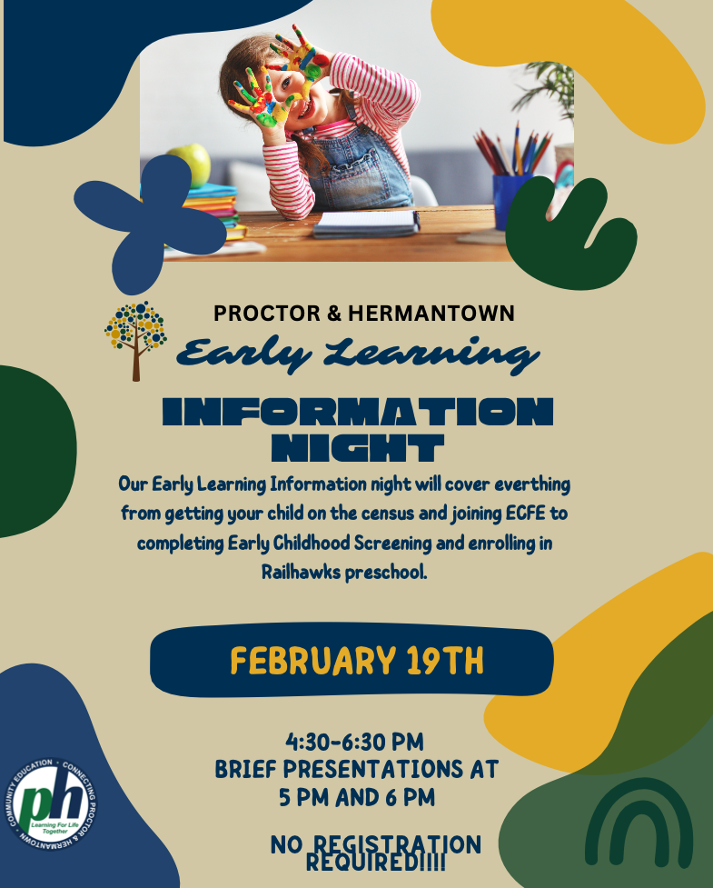 Early Learning Information Night is coming up February 19, 4:30–6:30pm. Stop in for short presentations at 5pm and 6pm, learn about ECFE, childhood screening, Preschool enrollment, and see what Community Ed offers—from Kids Zone to enrichment programs. Setting the stage for early success.