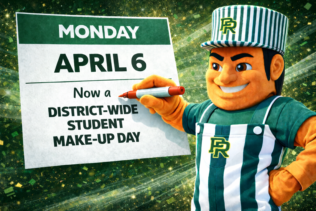 Rowdy Mascot circling a sign that announces that April 6th is now a district-wide student make up day