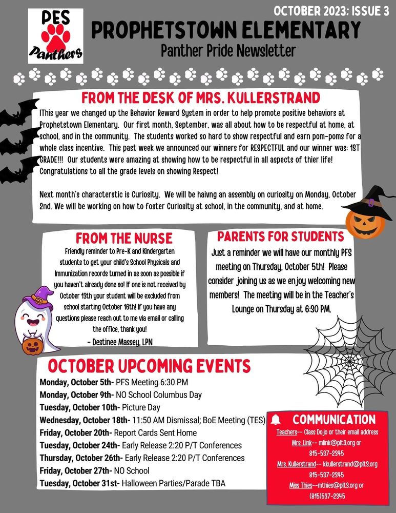 October 2023 Parent Newsletter Prophetstown Elementary School