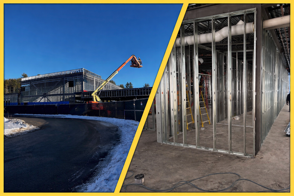 a collage of two images, showing the exterior and interior of an addition to Barnstead Elementary School