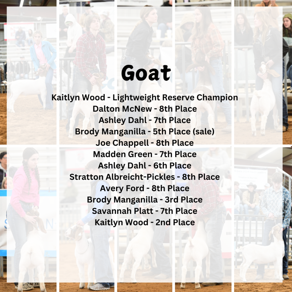 Graphics listing results for horticulture, swine, steer, shop, and goat events with a collage of pictures in the background.