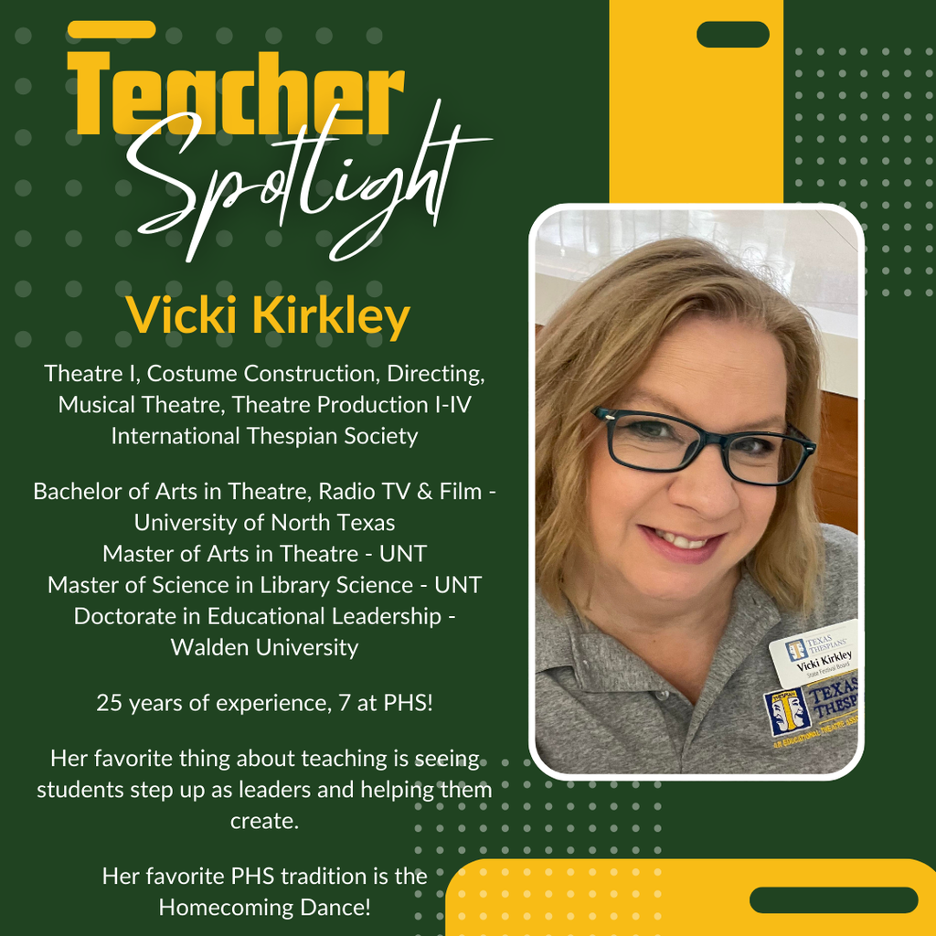 Green and yellow graphic for Teacher Spotlight featuring Vicki Kirkley.