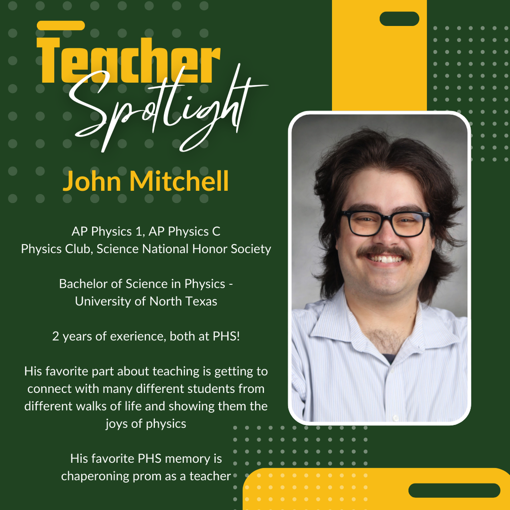 Green and yellow graphic for Teacher Spotlight featuring John Mitchell.