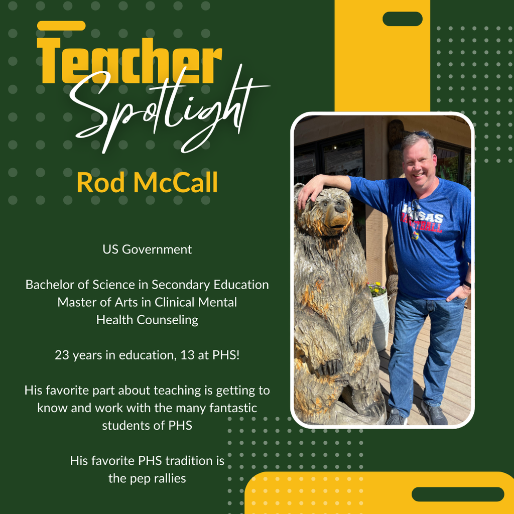 Green and yellow graphic for Teacher Spotlight featuring Rod McCall.