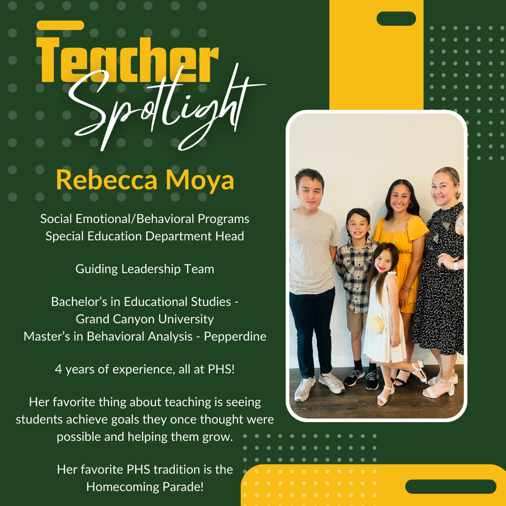 Green and yellow graphic for Teacher Spotlight featuring Rebecca Moya.