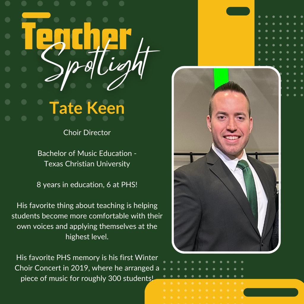 Green and yellow graphic for Teacher Spotlight featuring Tate Keen.