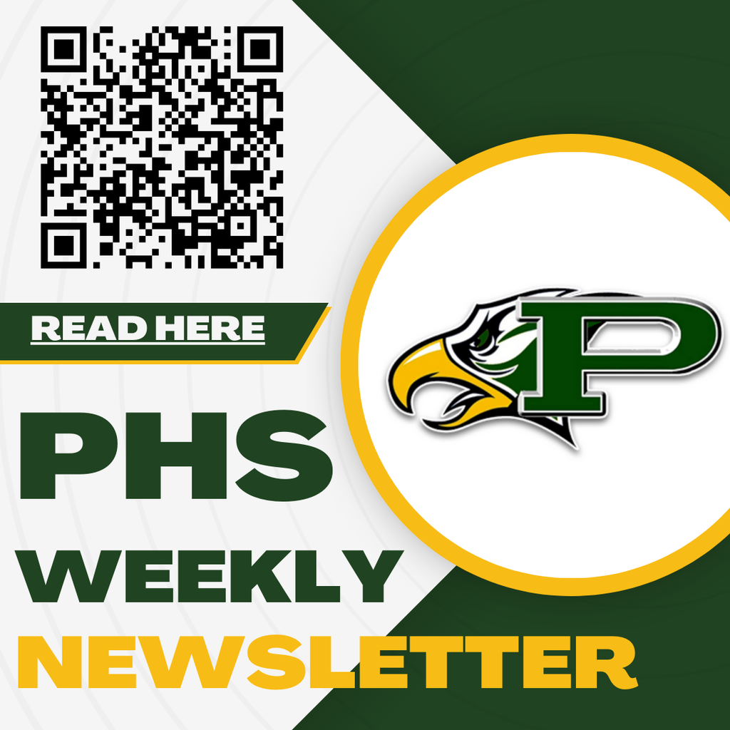 Yellow, green, and white graphic for the PHS Weekly Newsletter featuring a QR code.
